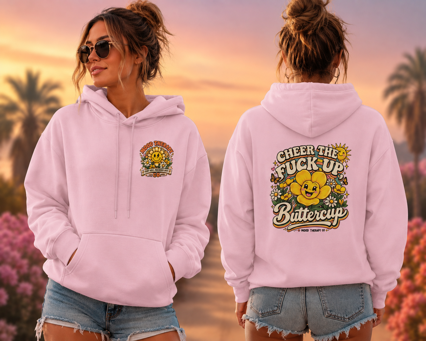 Cheerful Vintage “Cheer the F*ck Up Buttercup” Hoodie – Retro Sunshine Floral Pullover