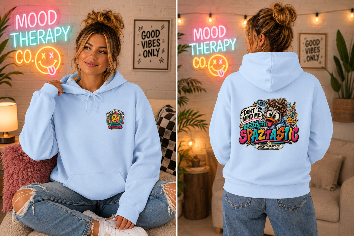 Spaztastic Graphic Hoodie – "Don’t Mind Me, I’m Just Spaztastic" Cartoon Pullover